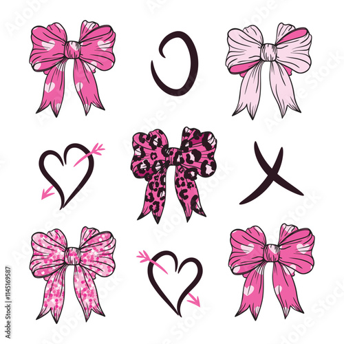 Bow clipart set for gift wrapping for birthday, Valentine Day, Christmas, New Year. Pink cartoon Bow xoxo coquette y2k aesthetic ribbon, t-shirt design, tie knots isolated on white background.