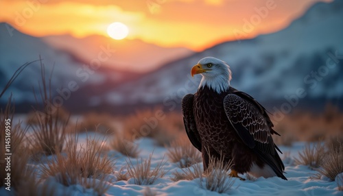 Bald eagle resting in snowy wilderness at sunrise. Majestic bird of prey observes winter landscape. Sunrise paints snowy mountain peaks. Winter scene. Nature wildlife. Beautiful winter landscape. photo