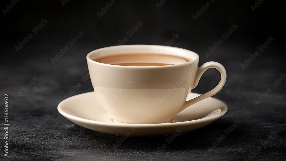 Elevated coffee cup on saucer against dark background Elevated coffee cup on saucer against dark background