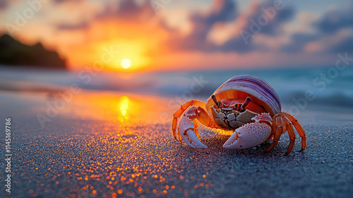 A tiny hermit crab peeking out of its colorful shell on a sandy beach under a vibrant sunset, photo