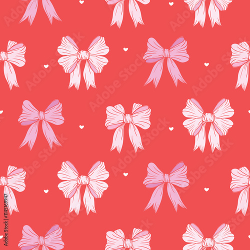Coquette seamless pattern with various pink bow knots. Red background romantic love vector illustration for wrapping paper, packaging, fabric, wallpaper, valentine day gifts