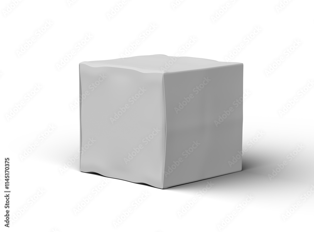 Fototapeta premium Rendered image of a small white cubic dented box on a light background