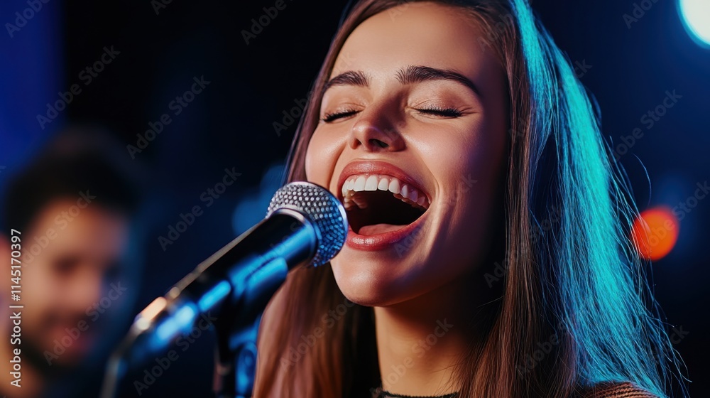 Young Woman Singing Passionately into Microphone with Joyful Expression in Colorful Concert Setting Young Woman Singing Passionately into Microphone with Joyful Expression in Colorful Concert Setting
