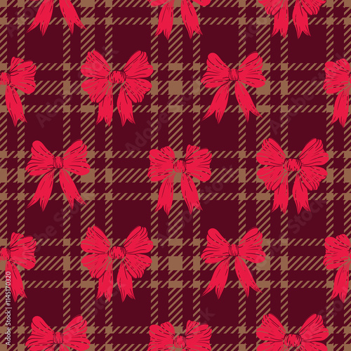 Valentines Day Coquette bow plaid burgundy red tweed style pattern. Geometric check print love romantic gift paper wrap. Classical English background Glen plaid for textile fashion design, fleece