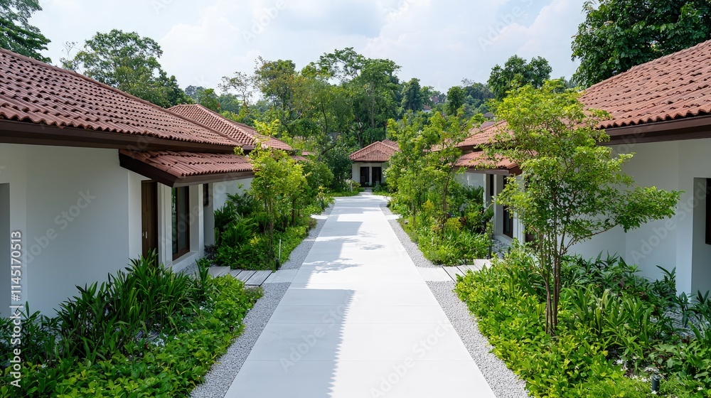 White villas with red tile roofs line a walkway, lush greenery surrounds. White villas with red tile roofs line a walkway, lush greenery surrounds.