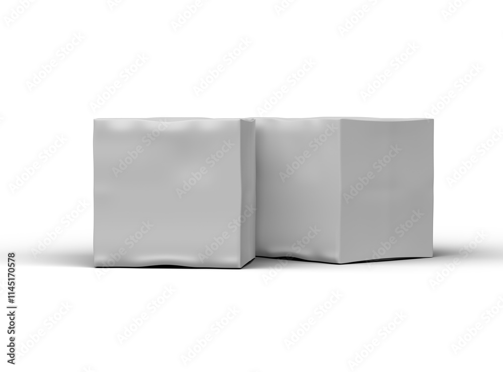 Rendered image of a small white cubic dented box on a light background Rendered image of a small white cubic dented box on a light background