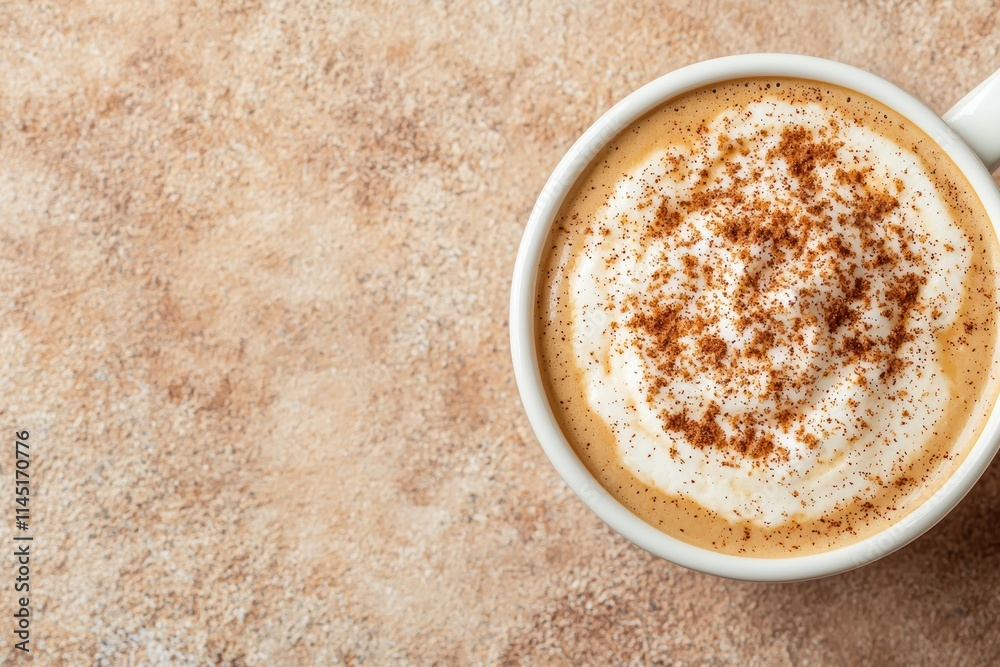 Cappuccino with cinnamon and nutmeg topping on minimal background Cappuccino with cinnamon and nutmeg topping on minimal background