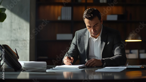 A male notary in a sleek office writing notes in his notepad while reviewing stamped documents on his desk. photo