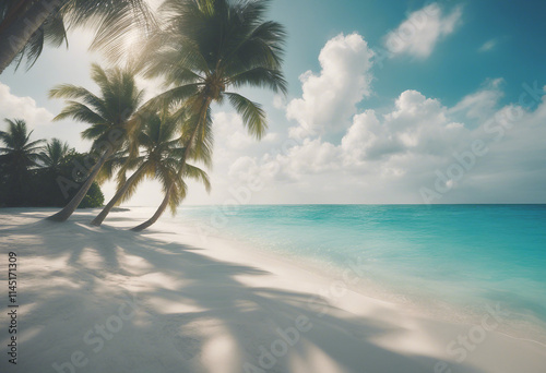 Beautiful natural tropical landscape beach with white sand and Palm tree leaned over calm wave Turqu