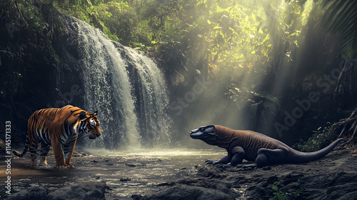 Fototapeta Naklejka Na Ścianę i Meble -  A prowling tiger moves toward a Komodo dragon sunbathing near a lush jungle waterfall their focus locked in a moment of tension.