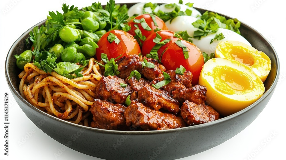 Delicious and healthy bowl with pasta, meat, eggs, tomatoes, and edamame. Delicious and healthy bowl with pasta, meat, eggs, tomatoes, and edamame.