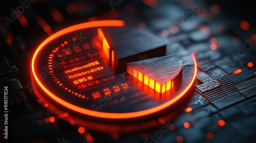 A futuristic graphic displaying a circular gauge with illuminated segments and digital elements.