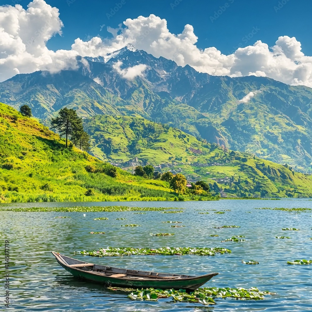 Scenic view of a tranquil lake with a boat and mountains in the background. Scenic view of a tranquil lake with a boat and mountains in the background.
