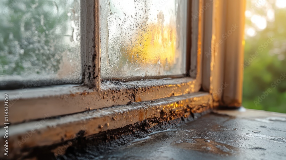 Black mold fungus on windowsill and water condensation on window glass. Moisture, dampness, ventilation problem at home Black mold fungus on windowsill and water condensation on window glass. Moisture, dampness, ventilation problem at home