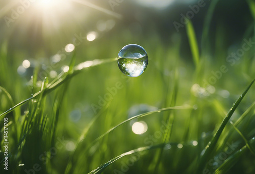 A beautiful large drop of morning dew in the grass sparkles in the rays of sunlight outdoors in natu photo