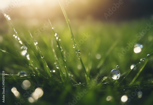 A beautiful large drop of morning dew in the grass sparkles in the rays of sunlight outdoors in natu photo