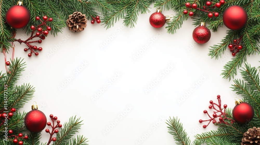 Christmas Branches Border with Christmas Decorations on Transparent Background