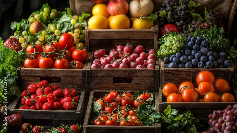 Fresh fruits and vegetables in a market display during daylight Fresh fruits and vegetables in a market display during daylight