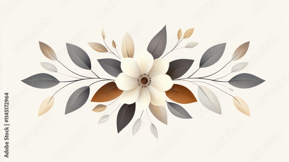 Obraz premium Elegant neutral floral arrangement with beige, gray, and brown leaves and flower.