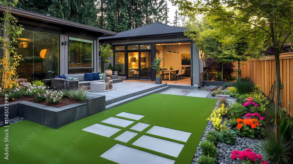 Fototapeta premium Modern backyard oasis with sleek artificial turf charcoal gray patio tiles lush raised flower beds contemporary fencing and a chic blueaccented garden studio. Oasis. Illustration