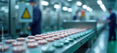 Pharmaceutical tablet production line in modern facility. Workers in blue uniforms operate machinery maintain quality in healthcare. Conveyor belt moves tablets. Mass production ensures high