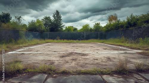 A rugged baseball field with cracked dirt and faded chalk lines surrounded by a chain-link fence and overgrown grass.
