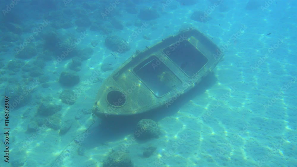 This underwater video captures a small submerged boat surrounded by colourful fish in a serene and clear aquatic environment, highlighting the tranquillity of the underwater world.