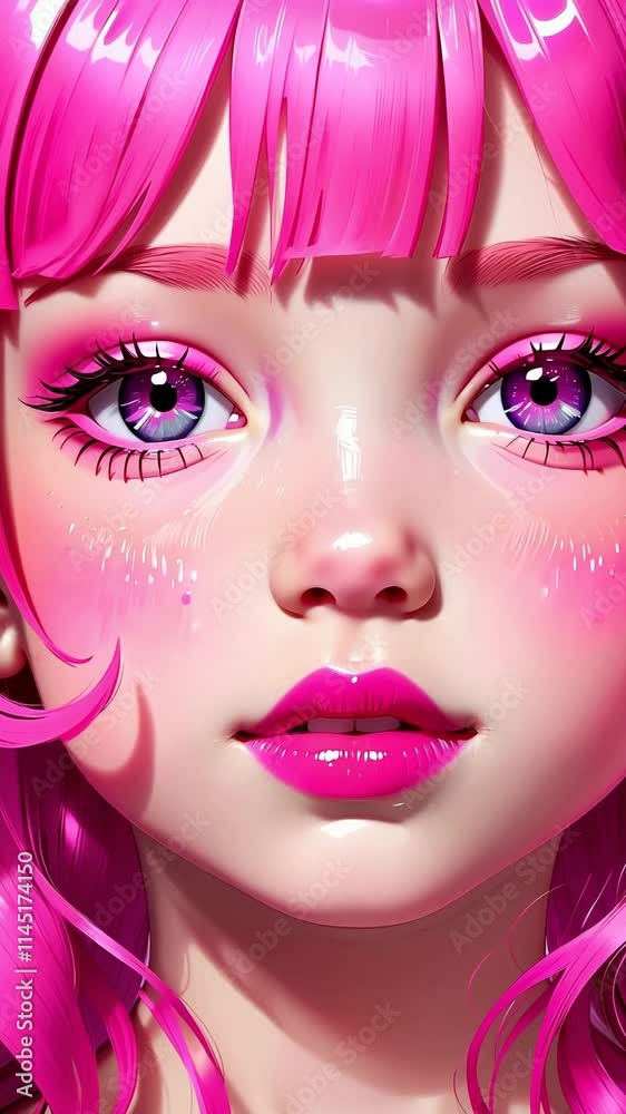 Un portrait artistique numérique d'un personnage féminin aux cheveux roses vifs