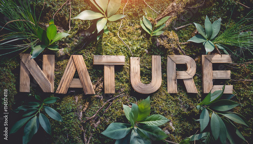 Word NATURE made of wood in forest, generative ai