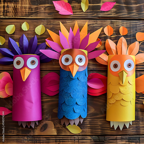 Kids Construction Paper and toilet paper roll Turkey Craft photo