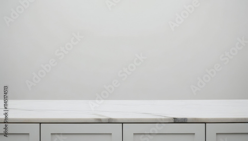 Clean and minimalist design with empty marble countertop on plain white background. Template showcase scene, podium for display, montage, advertising of product.