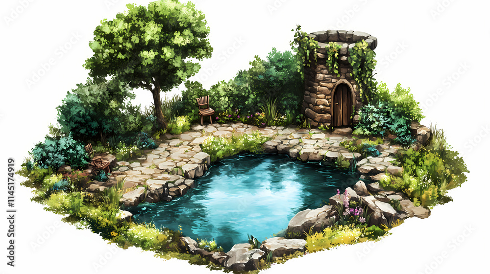 Create a serene heart-shaped garden oasis with a tranquil pond and rustic tower for relaxation transparent background. Oasis. Illustration Create a serene heart-shaped garden oasis with a tranquil pond and rustic tower for relaxation transparent background. Oasis. Illustration