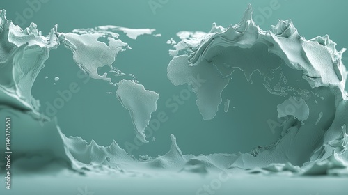 A stylized world map sculpted from a splash of mint green liquid on a matching solid background.