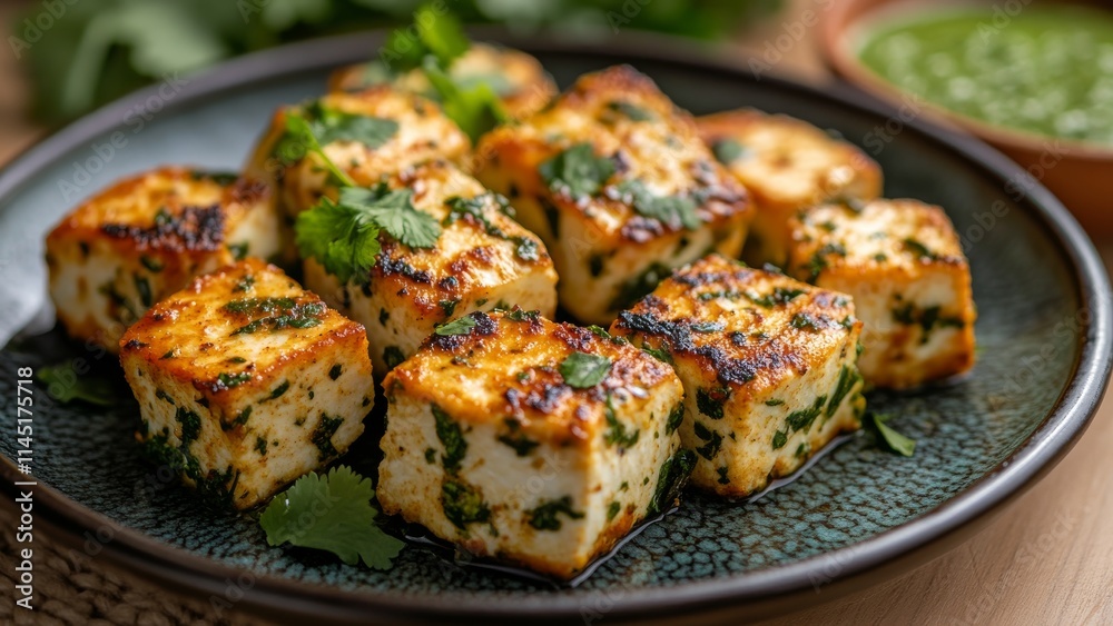 Grilled paneer cubes with herbs served on a plate Grilled paneer cubes with herbs served on a plate