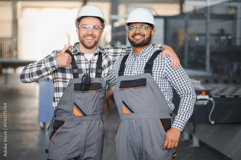 Two happy international workers in overalls hug each other against a factory background Two happy international workers in overalls hug each other against a factory background
