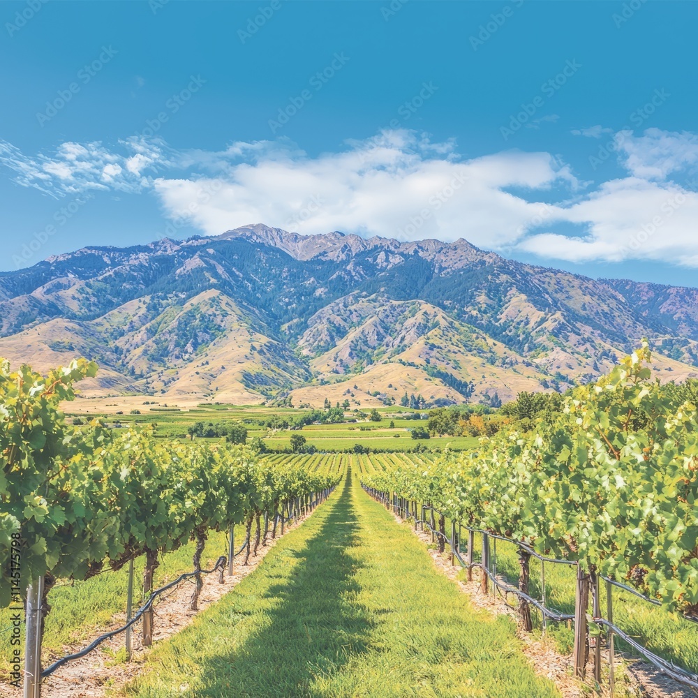 Naklejka premium Scenic vineyard landscape with mountains and blue sky.