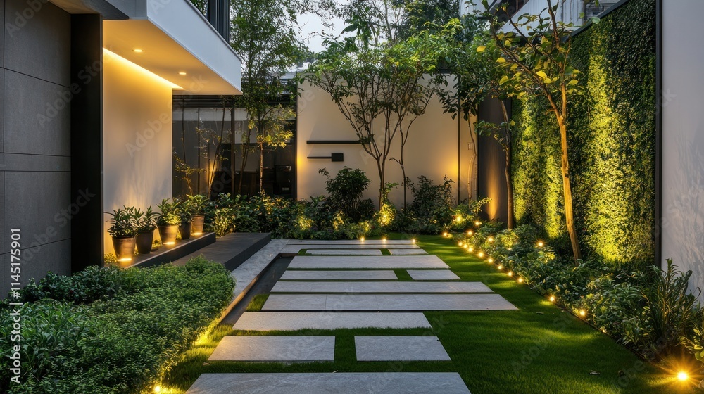 Fototapeta premium Modern home exterior courtyard with pathway, landscaping, and lighting.