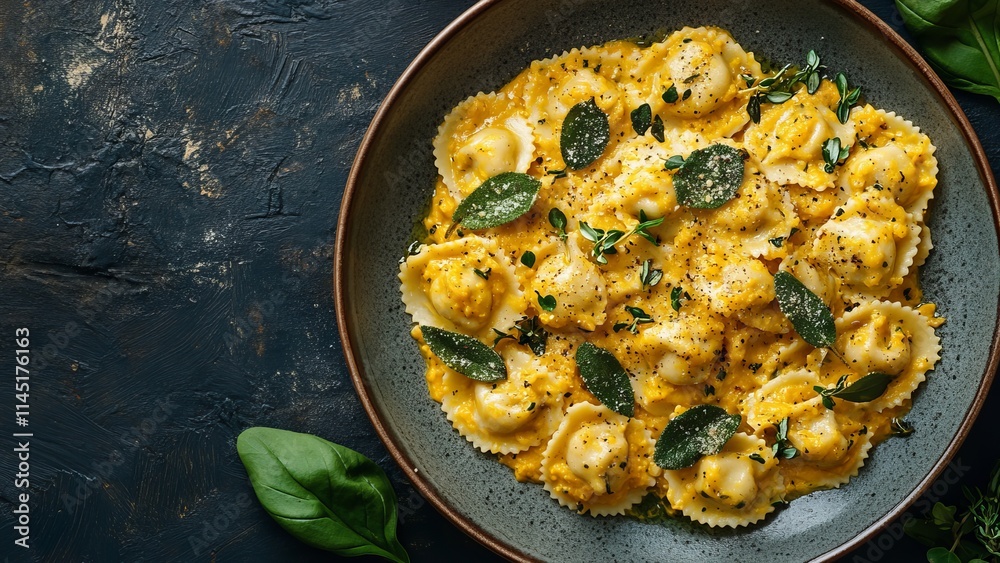 Creamy pumpkin ravioli served in a rustic bowl Creamy pumpkin ravioli served in a rustic bowl