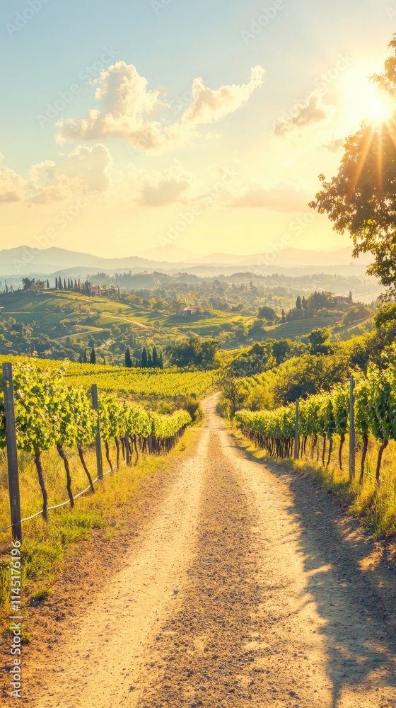 Naklejka premium Scenic vineyard path with sunlight illuminating lush hills.