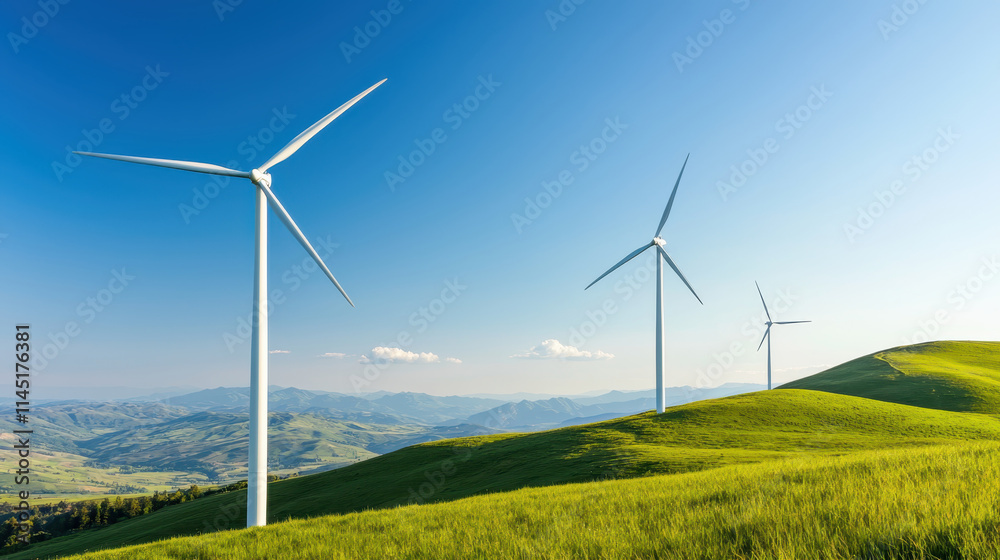 Wind turbines on the hill, Wind power generation electricity, clean energy concept, renewable energy