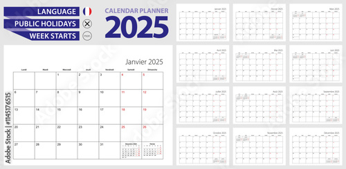 French calendar planner for 2025. French language, week starts from Monday.