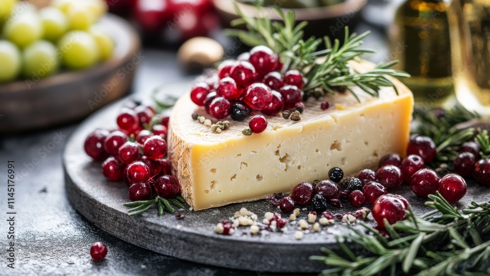 Cheese platter decorated with fresh herbs and berries for a feast Cheese platter decorated with fresh herbs and berries for a feast