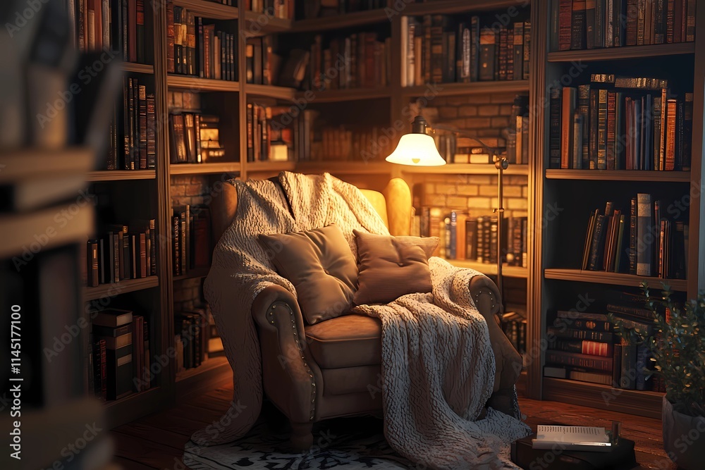 Cozy reading nook with a plush chair blanket Cozy reading nook with a plush chair blanket