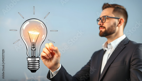 Businessman drawing renewable eco lightbulb sketch, professional photography, with white tones