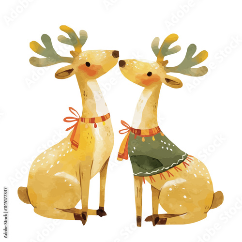 watercolor Christmas reindeer figurines painting collection isolated on a white background, vector flat watercolor