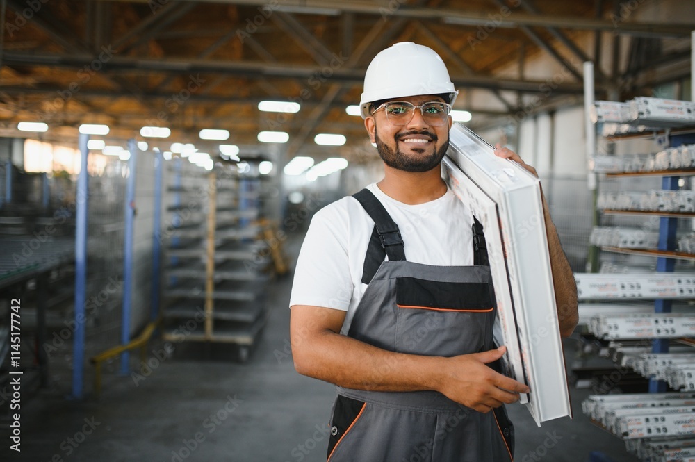 Happy bearded Indian male factory worker in special uniform and white hard hat holding aluminum frame at production of metal plastic windows and doors Happy bearded Indian male factory worker in special uniform and white hard hat holding aluminum frame at production of metal plastic windows and doors