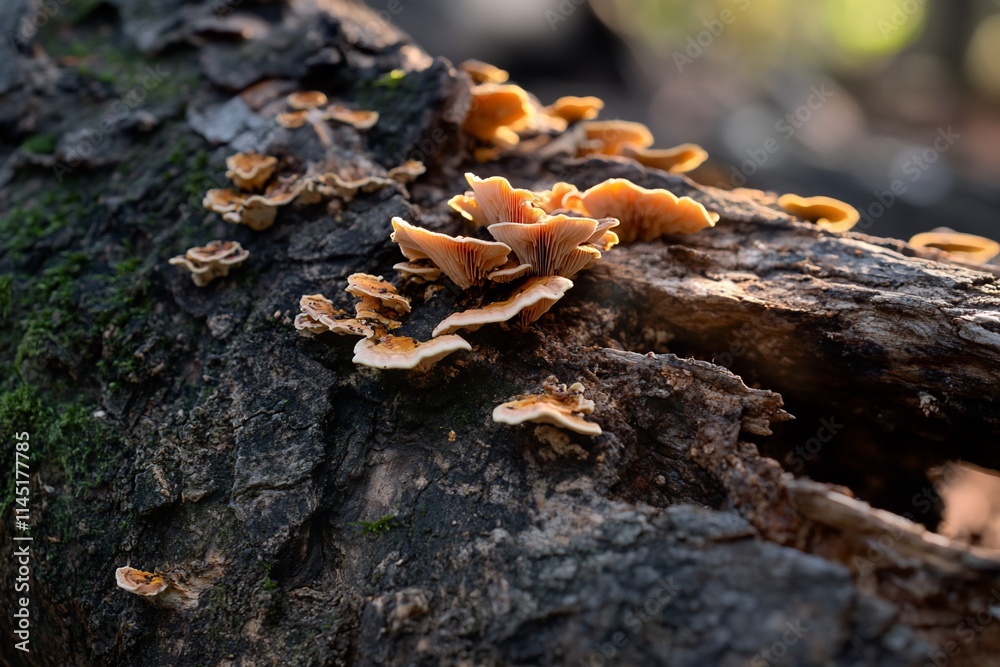 Close-up of mushrooms growing on a decaying log in a forest setting. Close-up of mushrooms growing on a decaying log in a forest setting.
