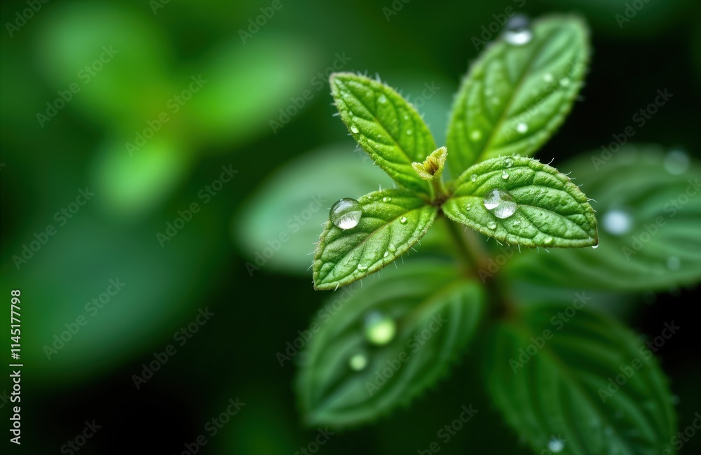 Close-up view of mint leaves covered in dew drops. Fresh green leaves showcase vibrant details. Water droplets sparkle on leaves. Soft blurred background of green leaves creates natural backdrop. Close-up view of mint leaves covered in dew drops. Fresh green leaves showcase vibrant details. Water droplets sparkle on leaves. Soft blurred background of green leaves creates natural backdrop.