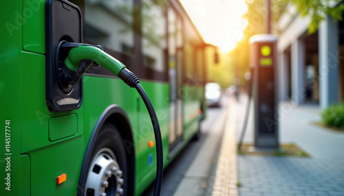 Green eco bus charges at electric charging station. Public transport, renewable energy theme. Modern urban scene. Daytime city landscape background. Sustainable transportation concept. Eco friendly photo