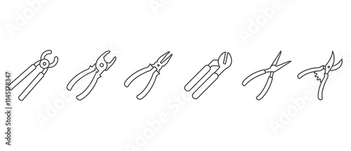 Pliers icon set. Carpentry and workshop equipment icons. Work tools. A set of work tools. Collection of repair and construction tools in line style vector illustration on transparent background